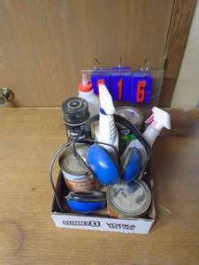 lot 216 image: Flat of misc including ear muffs. As shown.