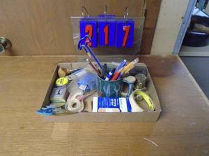 lot 217 image: Flat with lufkin tapesaw height gauges & more treasures. As shown.