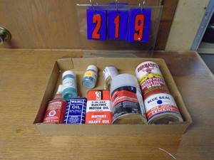 lot 219 image: Flat of shop chemicals. Cans are collectable. As shown.