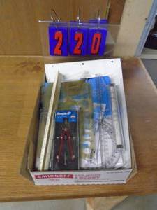 lot 220 image: Box of drafting triangles & french curves & compass. As shown.
