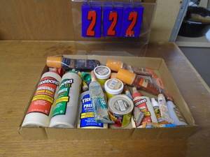 lot 222 image: Flat of glue & adhesives. As shown.