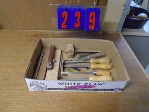 lot 239 image: Flat of wood contour scrapers & rosewood angle gauge. As shown.