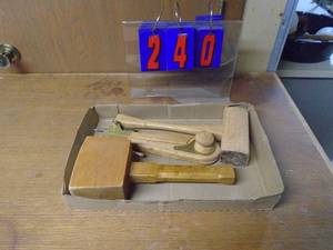lot 240 image: Qty of 2 wood mallets & wood compass. As shown.