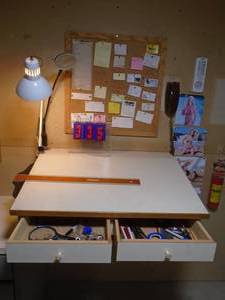 lot 335 image: Drafting desk with contents & cork board. As shown.