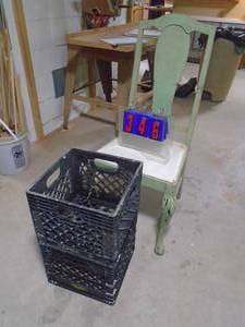 lot 346 image: Qty of 2 milk crates & wood chair. As shown.