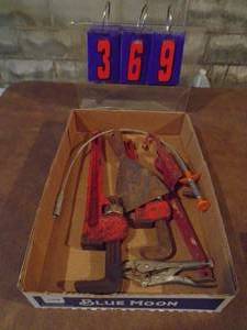 lot 369 image: Flat of pipe wrenches & vise grips. As shown.