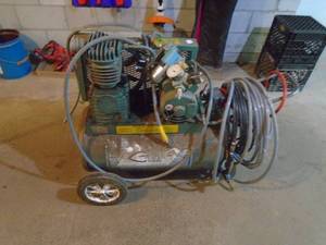 lot 376 image: C-Aire belt driven air compressor. 3-5 hp with hoses. Works good. As shown.