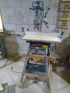lot 118 image: Ryobi variable speed drill press & light on rolling stand with fence. Model WDP1850. As shown.