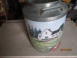 lot 157 image: Farm cow themed milk can shaped lid...