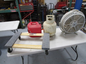 lot 107 image: Gas Jug, Fan, Propane Tank, Moving Dolly