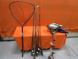 lot 115 image: Ice Auger, Fishing Poles & Net, Life Jackets