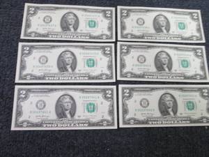6 Sequential Uncirculated US $2 Bil...
