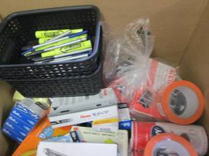 lot 89 image: box of pens, tape, baskets , marker...