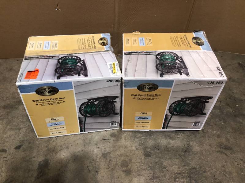 2 Lost of Hampton Bay Wall-Mounted Hose Reel Customer Returns See Pictures, KX REAL DEALS OUTDOOR TOOLS AND PATIO ITEMS, APPLIANCES AND MORE  NEWPORTAUCTION