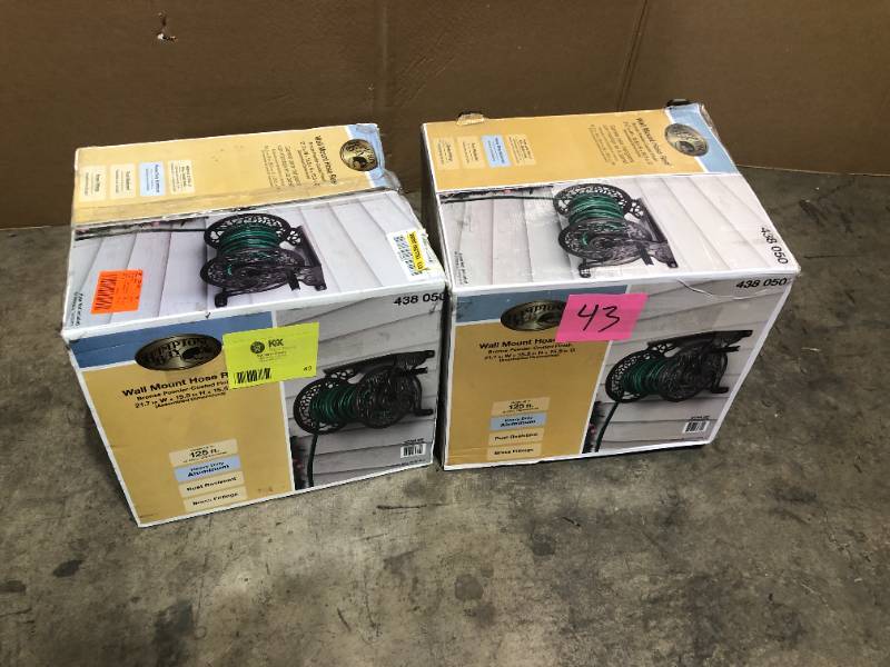 2 Lots of Hampton Bay Wall-Mounted Hose Reel Customer Returns See Pictures, KX REAL DEALS TOOLS FLOORING AND MORE NEWPORT AUCTION