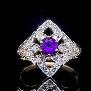 Contemporary Amethyst & Diamond Round Cocktail Flower Filigree Ring in Yellow Gold $1,499 Retail VIDEO