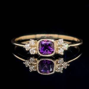 Very Fine Amethyst & Diamond Bezel Cluster Dainty Ring in Yellow Gold $1,475 Retail VIDEO