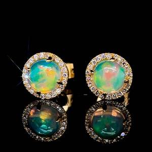 Very Upscale 0.84 Carat Opal & Diamond Pave Round Cluster Stud Earrings in 14k Yellow Gold $1,699 Retail VIDEO