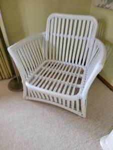 lot 81 image: Charming Vintage White Rattan Arm ChaIr with Celery Cushions