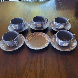 lot 51 image: Vintage Wedgewood Blue Jasperware Tea Cups and Saucers