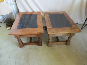 lot 105 image: 2 - Wood and Black Tile Top End Tables