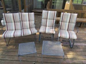 lot 162 image: 2 Wrought Iron Patio Chairs, Wrought Iron Bench with Cushions and Tables