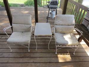 lot 166 image: Two Vintage Wrought Iron Garden Chairs With Wrought Iron Table