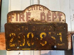 lot 74 image: 1955 ND License Plate with Chief Fire Dept.Topper