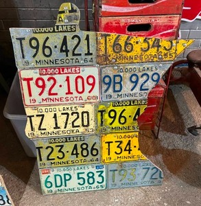 lot 151 image: State of MN Art with Vintage MN License Plates on Wood Backer