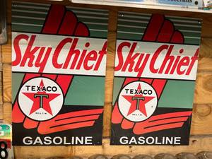lot 204 image: 2 Texaco Sky Chief Gasoline Metal Reproduction Signs