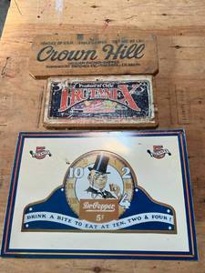 lot 222 image: Reproduction Dr Pepper Sign & Wood Fruit Box Sides