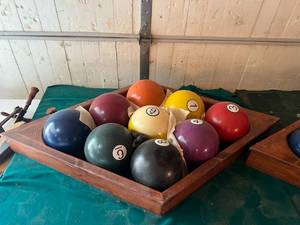 lot 381 image: Large 9 Ball Pool Balls & Rack - Made From Bowling Balls - Large & Heavy