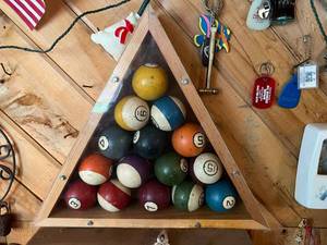 lot 397 image: Vintage Pool Balls in Display Cabinet