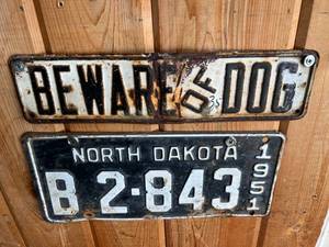 lot 330 image: 1951 ND License Plate & Beware of Dog Metal Sign