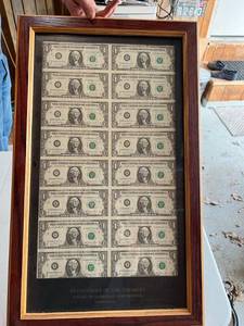 lot 403 image: Department of The Treasury Framed Uncut Sheet of Dollar Bills