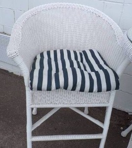 lot 110 image: 36 Round Outdoor Wicker Dining Table with Glass Top and 2 Wicker Chairs and Cushions 42 Tall