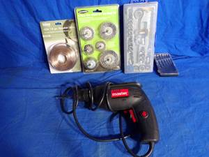 lot 125 image: Drill Master Drill  40 ft 18 ga Speaker Wire  6 pc Wire Wheel and Cup Set  Miscellaneous Tools