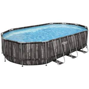 lot 170 image: Brand New In The Box  Bestway Power Steel 20 x 12 x 48 Oval Steel-Frame Pool Set - Rustic Wood Print ((Original MSRP $999))