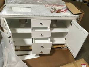 Home Decorators Collection Rockleigh 60 in. W x 22 in. D Bath Vanity in White with Marble Vanity Top in Carrara White with White Basin  Customer Returns See Pictures