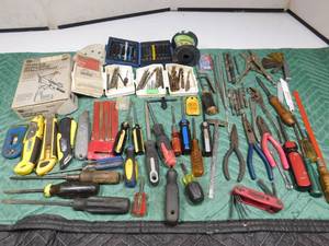lot 96 image: Box of tools and drill bit grinder attachment