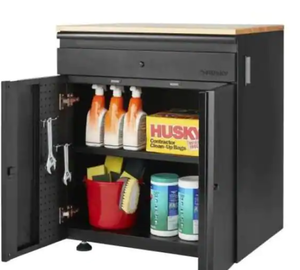 lot 34 image: Husky Heavy Duty Welded 20-Gauge Steel 1-Drawer 2-Door Garage Base Cabinet in Black (28 in. W x 32 in. H x 21.5 in. D) Model # HTC1000009 UPC Code # 6926697089187