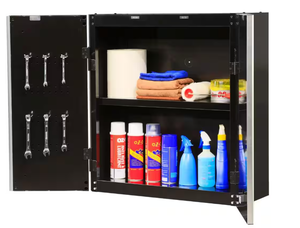 lot 74 image: Husky Ready-to-Assemble 24-Gauge Steel Wall Mounted Garage Cabinet in Black (28 in. W x 29 in. H x 12 in. D) Model # G2802W-US UPC Code # 6930849600038