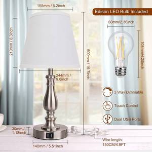 lot 18 image: Touch Control Bedside Lamps with 2 USB Charging Ports, 3 Ways Dimmable Nightstand Lamps with A19 6W LED Bulb, USB Modern Fabric Table Lamps for Bedroom, Living Room, Office Set of 2, Brushed Nickel