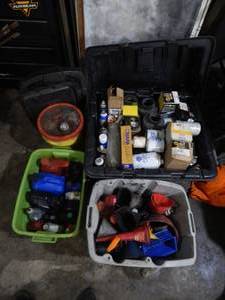 lot 19 image: Large Lot Of Automotive Fluids, Funnels, Filters, Parts-Shipping Crate-Some New Some Partial