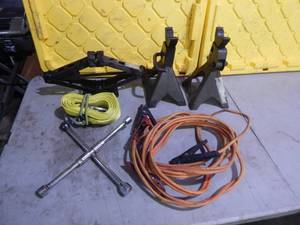 lot 34 image: Jack Stands, Jumper Cables, Tire Iron, Tow Strap