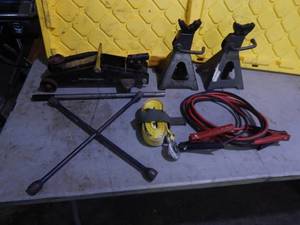 lot 35 image: Jack, Jack Stands, Jumper Cables,  Tow Strap