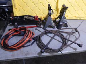 lot 36 image: Jack, Jack Stands, Jumper Cables, Tow Strap