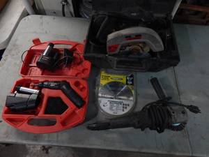 lot 95 image: Craftsman Angle Grinder, Circular Saw With New Blade, Wizard Rotary Tool With 3-Batteries & Charger