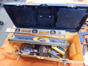 lot 112 image: Tool Box Full Of Tape Measures, Levels, Squares, Stud Finder