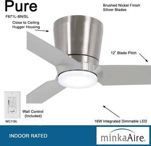 Minka-Aire F671L-BNSL Pure 48 Inch Flush Mount Ceiling Fan with Integrated 16W LED Light in Brushed Nickel Finish with Silver Blades 706411064326